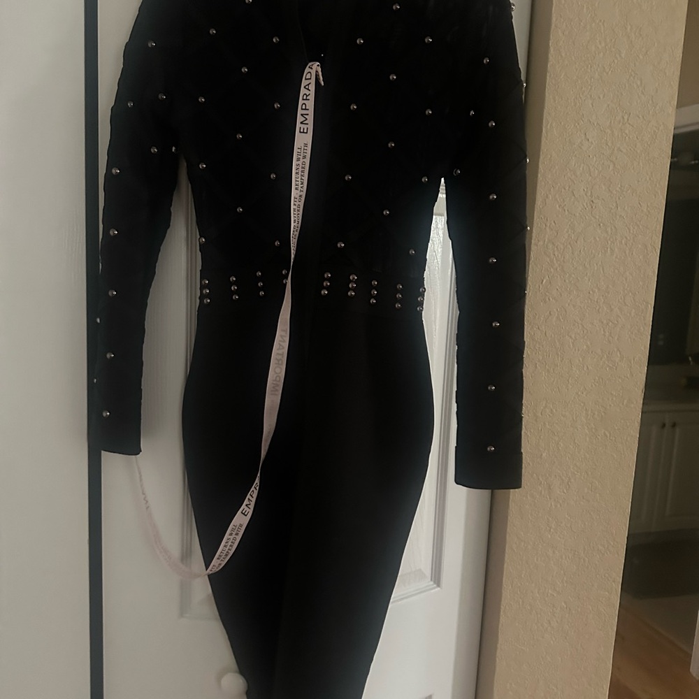 Emprada brand new Elegant Black Dress with Studded Accents